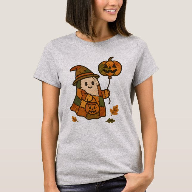 Plaid Ghost with Pumpkin Balloon T-Shirt  (Front)