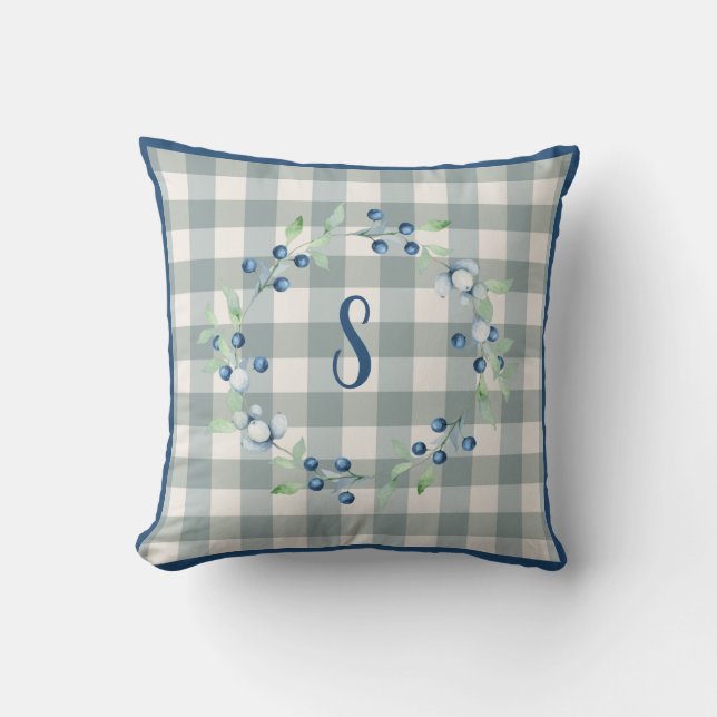 Plaid Gingham Country Farmhouse Monogram Throw Pillow (Front)