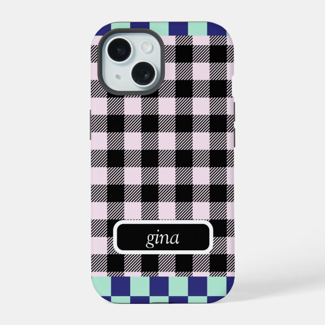 Plaid Gingham Personalized iPhone 15 Case (Back)