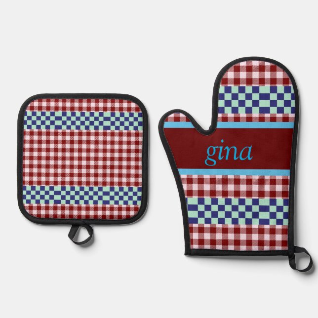 Plaid Gingham Personalized Oven Mitt & Pot Holder Set (Front)