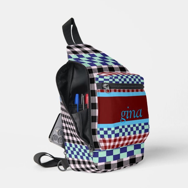 Plaid Gingham Personalized Sling Bag (Open)
