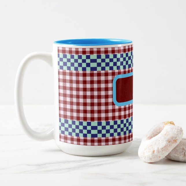 Plaid Gingham Personalized Two-Tone Coffee Mug (With Donut)