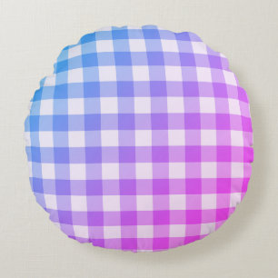 Plaid Gingham Pink Blue Modern Simple Check Round Pillow