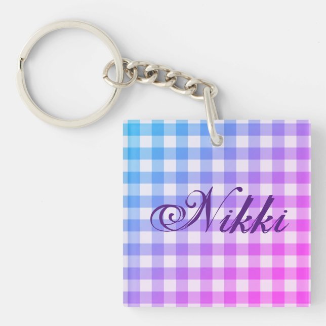 Plaid Gingham Pink Blue Modern Simple Purple Name Keychain (Front)