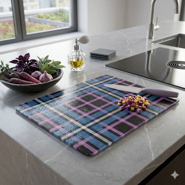 Plaid Glass Cutting Board – Bold Blue & Lavender (Creator Uploaded)
