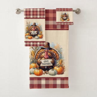 Plaid Gratitude – Thanksgiving Turkey with Pumpkin Bath Towel Set