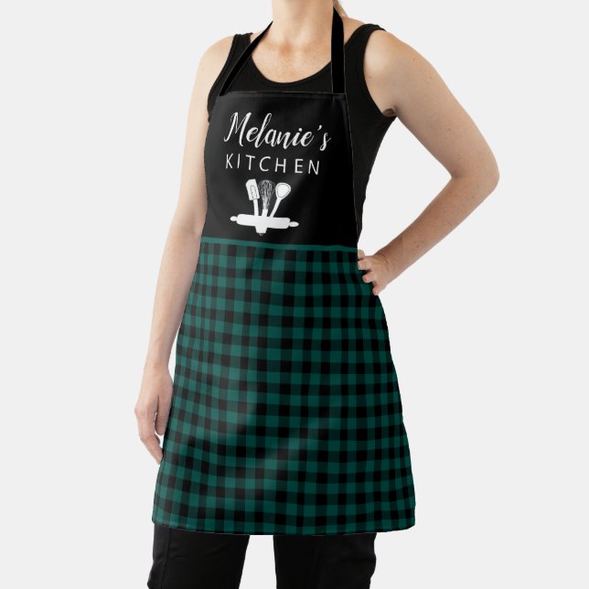 Plaid Green Buffalo Check Kitchen Tools Name Apron (Insitu)