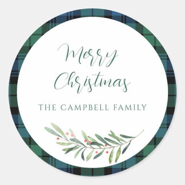 Plaid Green Check Christmas Holiday Tartan Classic Round Sticker (Front)