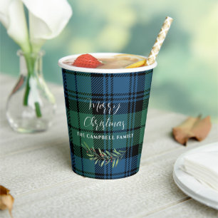 Plaid Green Check Christmas Holiday Tartan Paper Cups