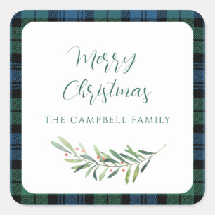 Plaid Green Christmas Holiday Tartan Square Sticker
