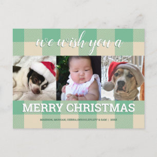 Plaid Green Cream 3 Photo Collage Christmas Postcard
