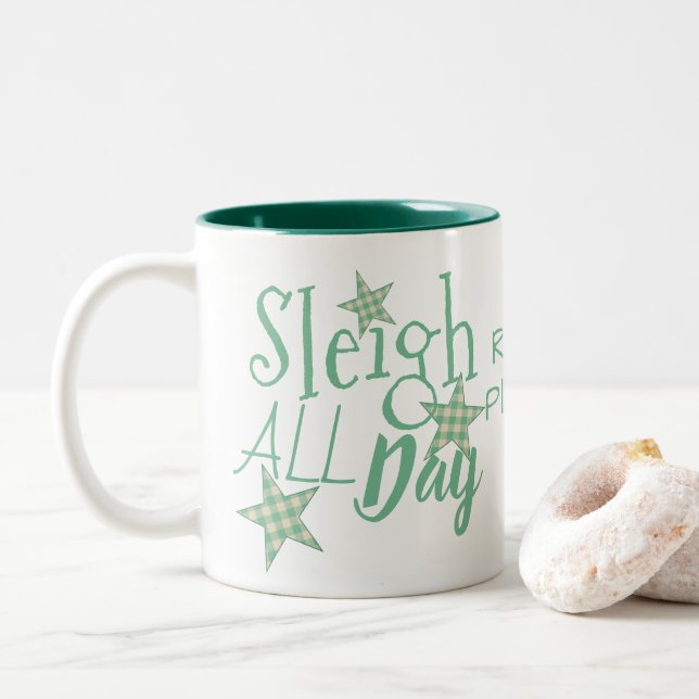 Plaid Green Cream Star Typography Sleigh All Day Two-Tone Coffee Mug (With Donut)