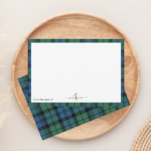Plaid Green Monogram Script Rustic Name Tartan Thank You Card