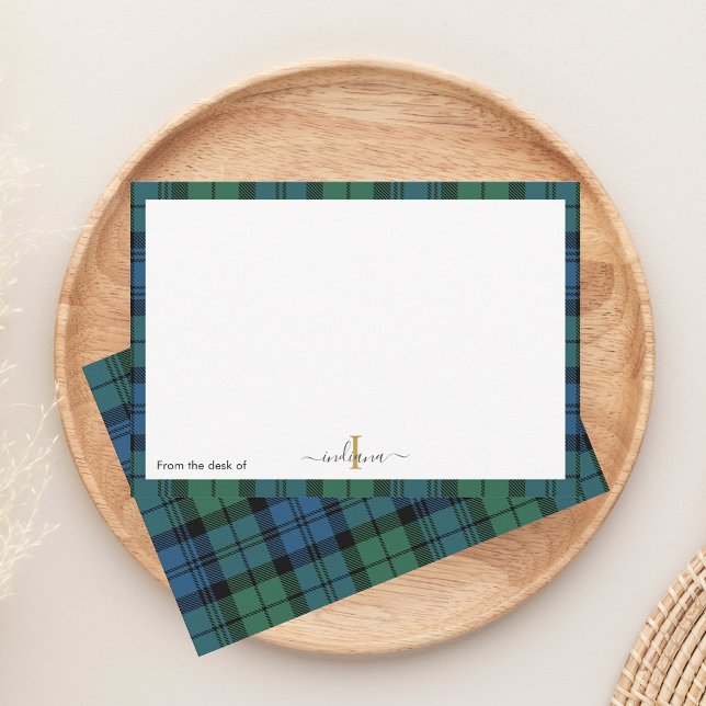 Plaid Green Monogram Script Rustic Name Tartan Thank You Card (Plaid Monogram Campbell Tartan Notecard)