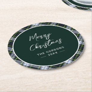 Plaid Green Rustic Hand-Written Clan Gordon Tartan Round Paper Coaster