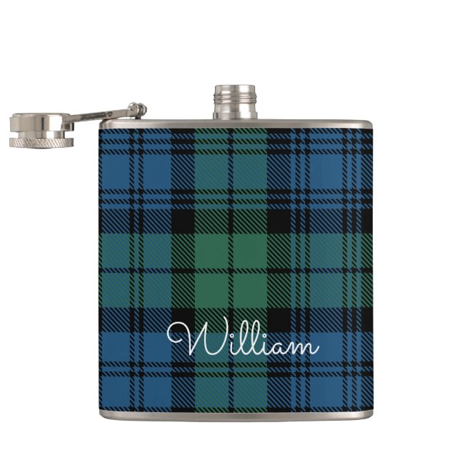 Plaid Green Tartan Dad Birthday Personalized Hip Flask (Opened)