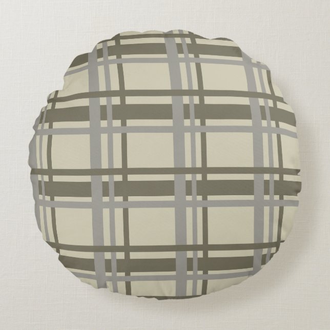 Plaid grey and cream round pillow (Front)