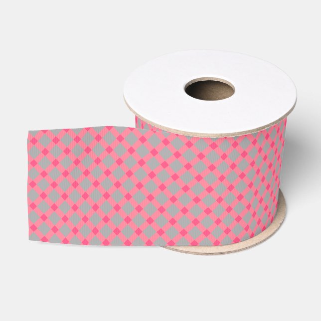 Plaid , grey and pink grosgrain ribbon (Spool)