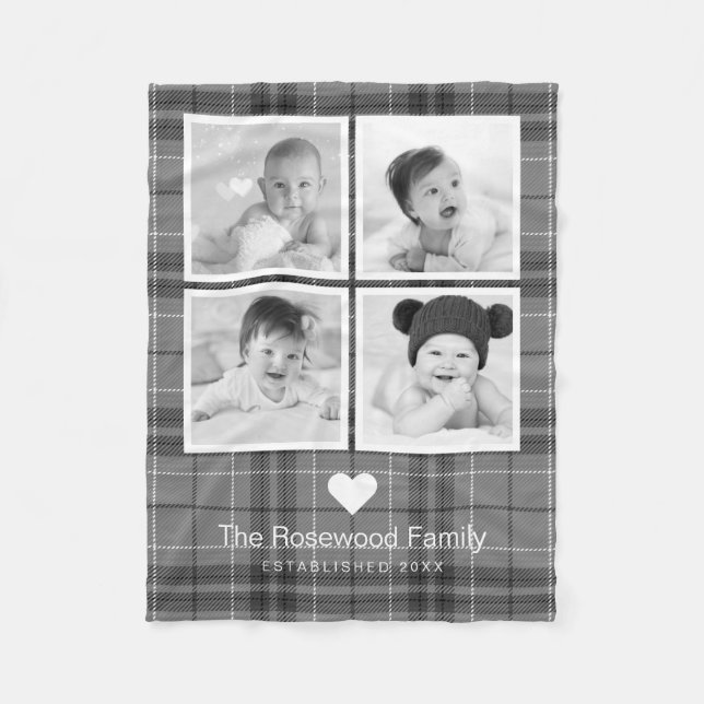 Plaid Grey Family Photo Collage Personalized Fleece Blanket (Front)