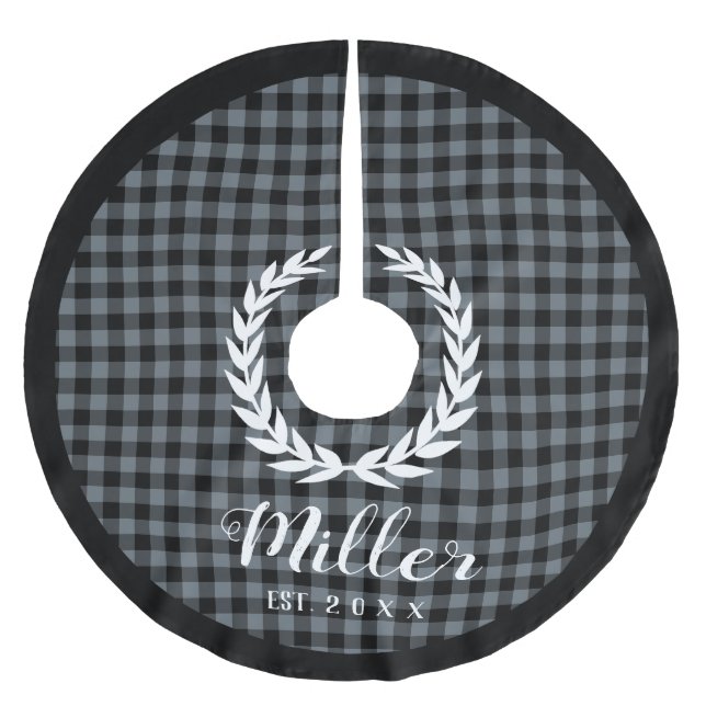 Plaid Grey Holiday Name + Year Christmas Brushed Polyester Tree Skirt (Front)