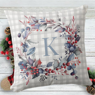 Plaid Grey Monogram Greenery  Christmas Wreath Throw Pillow