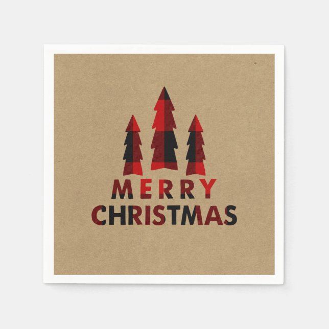 Plaid Happy Holidays Christmas Trees Plaid Kraft Napkin (Front)