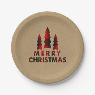 Plaid Happy Holidays Christmas Trees Plaid Kraft Paper Plate