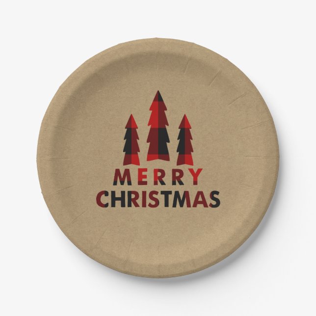 Plaid Happy Holidays Christmas Trees Plaid Kraft Paper Plate (Front)