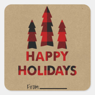 Plaid Happy Holidays Christmas Trees Plaid Kraft Square Sticker