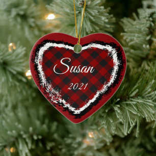 Plaid heart ceramic personalized ornament
