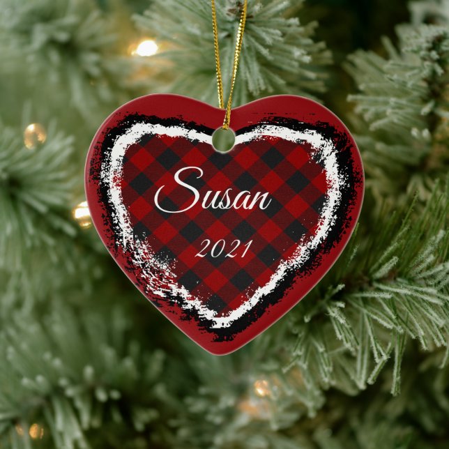 Plaid heart ceramic personalized ornament (Tree)