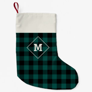 Plaid Holiday Initial Evergreen + Black Small Christmas Stocking