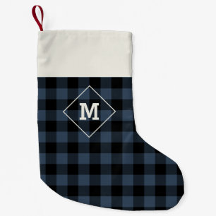 Plaid Holiday Initial Medieval Blue + Black Small Christmas Stocking