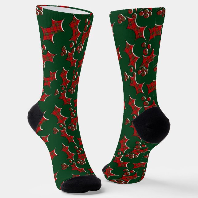 Plaid Holly and Berries Christmas Socks (Angled)