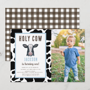 Plaid Holy Cow I'm One Boy Birthday  Invitation