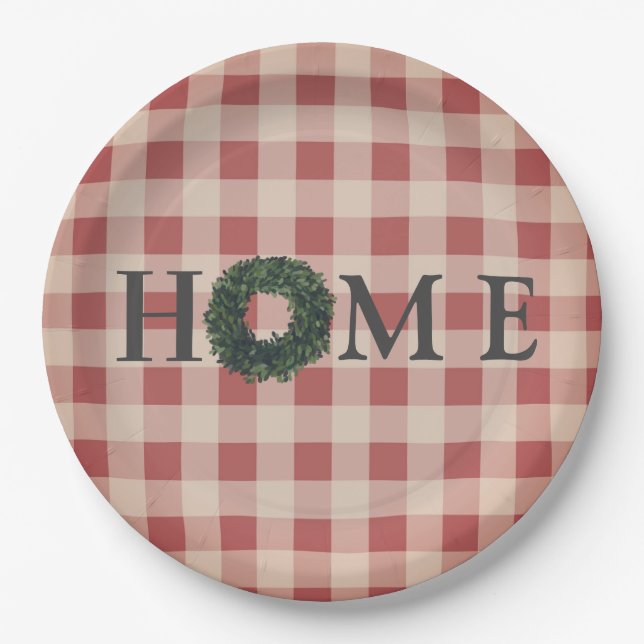Plaid “HOME” Typography Stylish Farmhouse Decor Pa Paper Plate (Front)