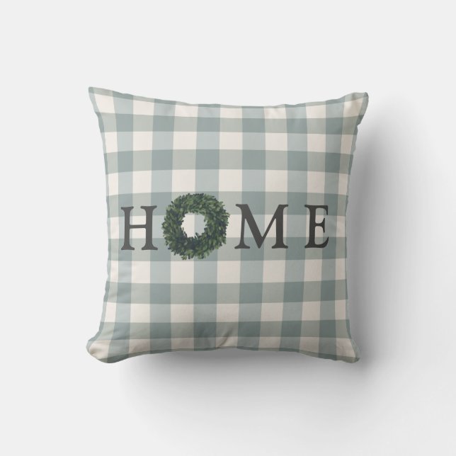Plaid HOME Typography Stylish Farmhouse Gingham Throw Pillow (Front)