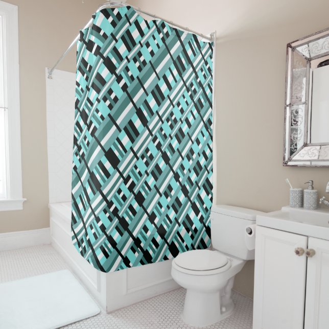 Plaid in Aqua, Teal, Black & White Diagonal  (In Situ)