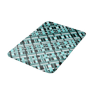 Plaid in Aqua, Teal, Black & White Diagonal  Bath Mat