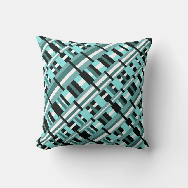 Plaid in Aqua, Teal, Black & White Diagonal Throw Pillow (Front)