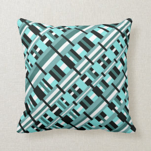 Plaid in Aqua, Teal, Black & White Diagonal Throw Pillow