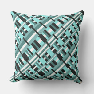 Plaid in Aqua, Teal, Black & White Diagonal Throw Pillow