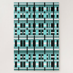 Plaid in Aqua, Teal, Black & White Jigsaw Puzzle