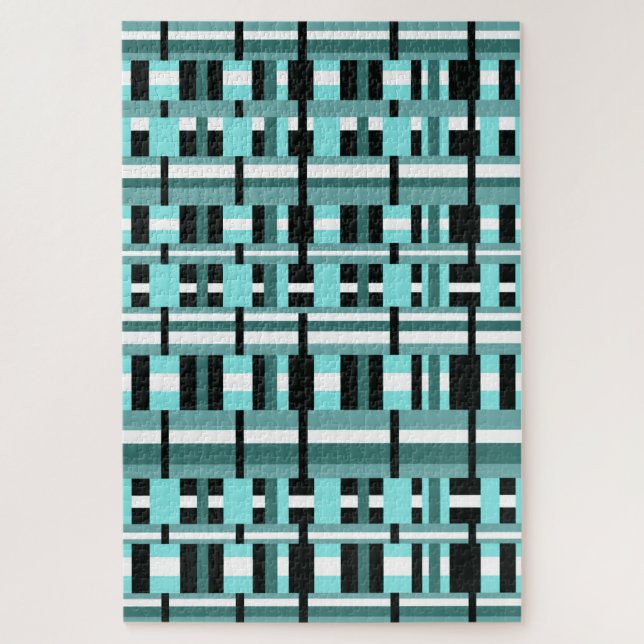 Plaid in Aqua, Teal, Black & White Jigsaw Puzzle (Vertical)