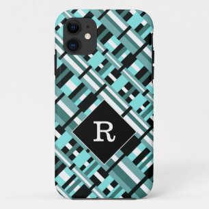 Plaid in Aqua, Teal, Black & White Monogram iPhone 11 Case