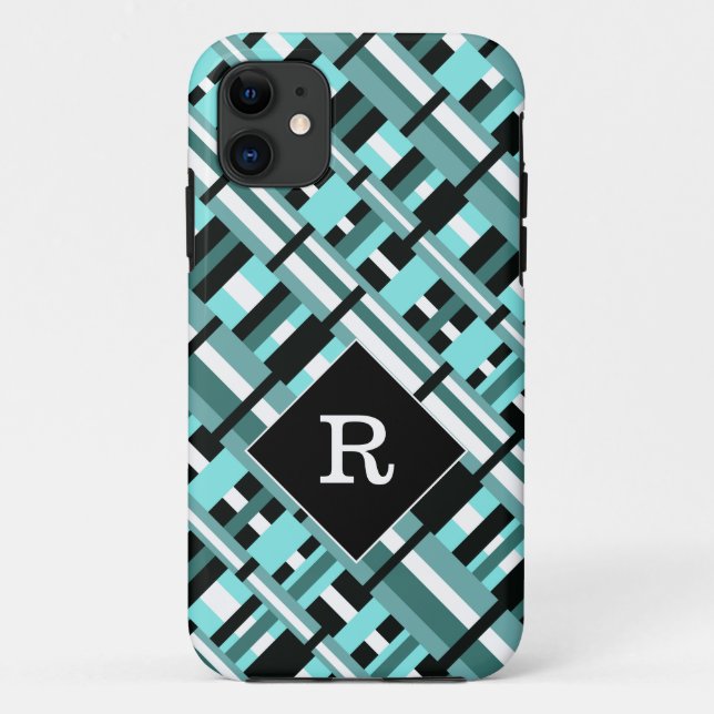 Plaid in Aqua, Teal, Black & White Monogram Case-Mate iPhone Case (Back)