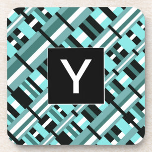 Plaid in Aqua, Teal, Black & White Monogram Coaster