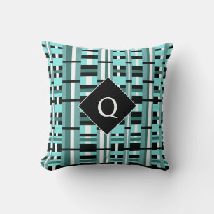 Plaid in Aqua, Teal, Black & White Monogram Throw Pillow