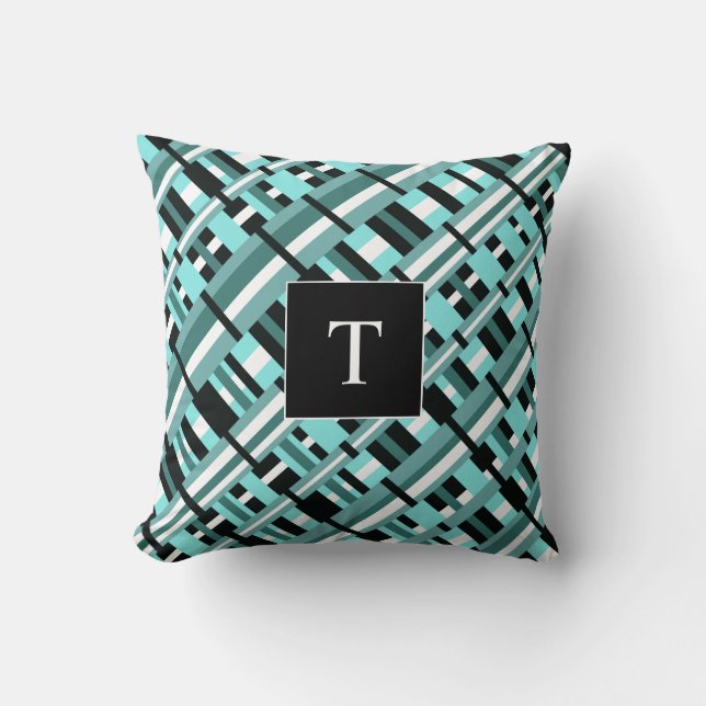 Plaid in Aqua, Teal, Black & White Monogram Throw Pillow (Front)