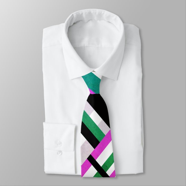 Plaid in Black, White, Green & Pink Modern Pattern Tie (Tied)